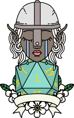 Retro Dövme Tarzı Ağlayan Elf Savaşçısı karakteri yüzü ve bir insan tarafından çizilmiş D20 rulosu.