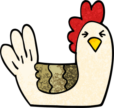 Bir insan tarafından çizilmiş grunge desenli karikatür tünemiş tavuk.