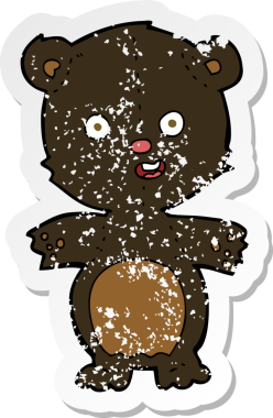 Bir insan tarafından çizilmiş sevimli bir siyah ayı çizgi filminin gerilimli retro yapıştırması