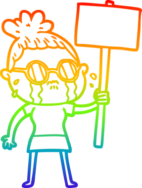 Gökkuşağı gradyan çizgi çizimi. Bir insan tarafından çizilmiş gözlük takan ağlayan bir kadın.