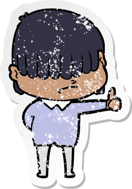 Bir insan tarafından çizilmiş dağınık saçlı bir çizgi film çocuğunun sıkıntılı çıkartması.