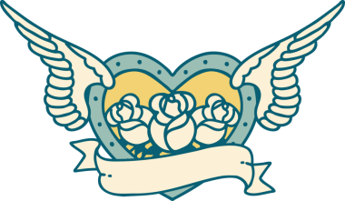 Bir insan tarafından çizilmiş çiçek ve bayrak ile uçan bir kalbin ikonik dövme görüntüsü