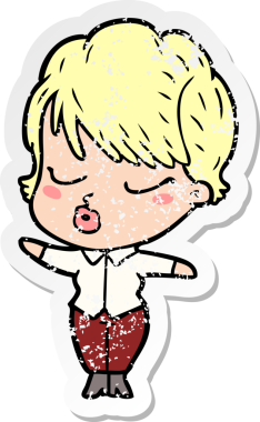 Bir insan tarafından çizilmiş gözleri olan karikatürlü bir kadının sıkıntılı çıkartması.