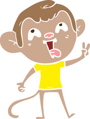 Çılgın düz renkli çizgi film maymunu bir insan tarafından çizilmiş barış işareti veriyor.