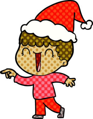 Gülen el çizimi çizgi roman tarzı Noel Baba şapkası takan bir adamın insan tarafından çizilmiş bir resmi.