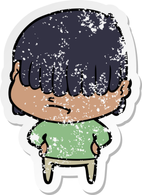 Bir insan tarafından çizilmiş dağınık saçlı bir çizgi film çocuğunun sıkıntılı çıkartması.