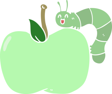 Bir insan tarafından çizilmiş düz renk çizgi film tarzı elma ve böcek