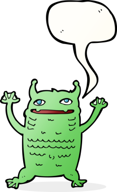 Bir insan tarafından çizilmiş konuşma balonu olan küçük bir canavar.