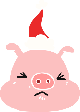 Bir insan tarafından çizilmiş Noel Baba şapkası giyen kızgın bir domuz suratının düz bir çizimi.