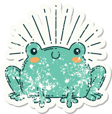 Dövme stili eski bir çıkartma. Bir insan tarafından çizilmiş mutlu kurbağa.