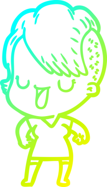 Hipster saç kesimi bir insan tarafından çizilmiş hoş bir çizgi film kızı çizimi.