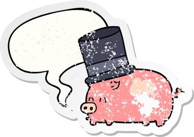 Konuşma baloncuklu silindir şapkalı çizgi film domuzu bir insan tarafından çizilmiş sıkıntılı eski bir çıkartma.