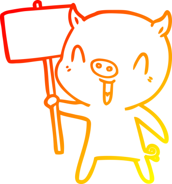 Bir insan tarafından çizilmiş tabela direğiyle mutlu bir domuzun sıcak çizgi çizimi