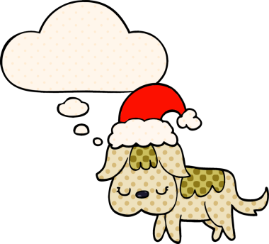 Bir insan tarafından çizilmiş çizgi roman tarzında düşünce balonu olan şirin bir Noel köpeği.