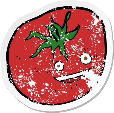 Bir insan tarafından çizilmiş mutlu domates çizgi filminin kederli retro yapıştırması.