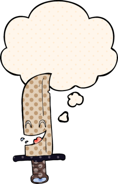 Bir insan tarafından çizilmiş, düşünce baloncuklu karikatür gülen bıçak.