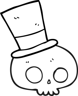 Bir insan tarafından çizilmiş silindir şapkalı siyah beyaz bir kafatası.