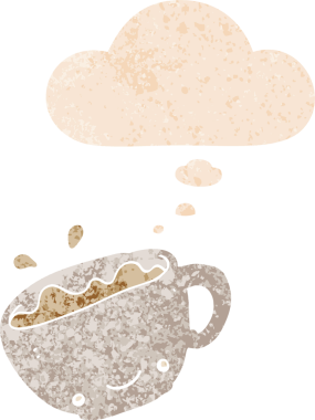 Düşünce baloncuklu bir kahve fincanı grunge sıkıntılı retro desenli bir insan tarafından çizilmiş