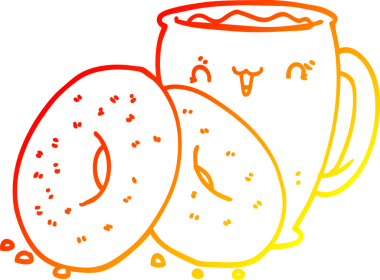 Bir insanın çizdiği kahve ve çöreğin sıcak çizgi çizimi.