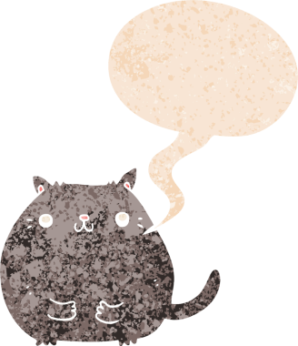 grunge 'da konuşma balonu olan çizgi film kedisi bir insan tarafından çizilmiş dertli retro desenli