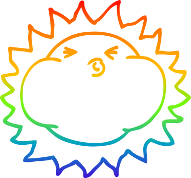 Gökkuşağı gradyan çizgi çizimi bir insan tarafından çizilmiş parlayan bir güneş