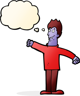 Bir insan tarafından çizilmiş düşünce balonlu mutlu vampir çizgi filmi.