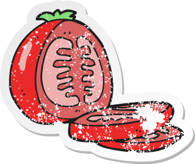 Bir insan tarafından çizilmiş doğranmış domatesin geriletilmiş çıkartması.