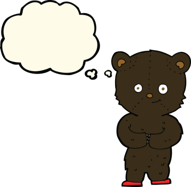 Bir insan tarafından çizilmiş düşünce baloncuklu oyuncak ayı yavrusu.