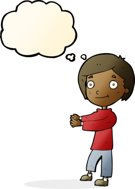 Bir insan tarafından çizilmiş düşünce balonu olan mutlu çocuk çizgi filmi.