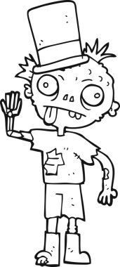 Bir insan tarafından çizilmiş siyah beyaz çizgi film zombisi.