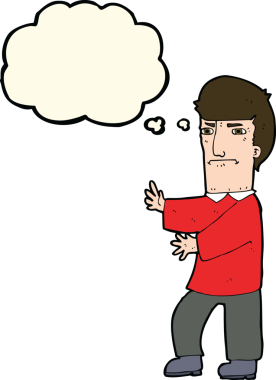 Bir insan tarafından çizilmiş düşünce kabarcığı olan huysuz bir çizgi film karakteri.