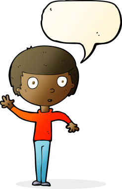 Bir insan tarafından çizilmiş konuşma balonu olan bir çizgi film çocuğu.