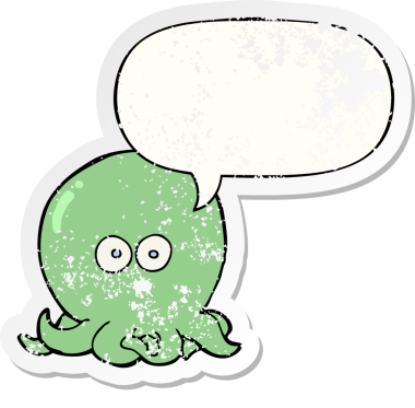 Bir insan tarafından çizilmiş, sıkıntılı, eski bir çıkartma olan, konuşma baloncuklu ahtapot.