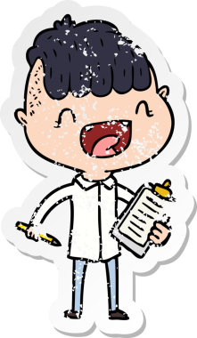 Bir çizgi film karakterinin sıkıntılı çıkartması. Mutlu bir çocuk. Elinde bir insan tarafından çizilmiş bir klip tahtası var.