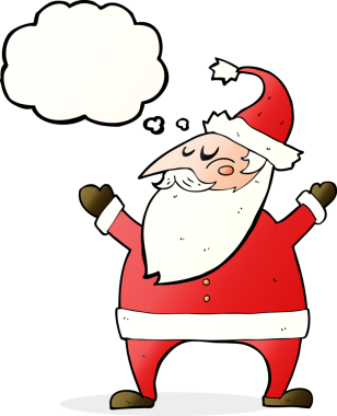 Bir insan tarafından çizilmiş düşünce baloncuklu Noel Baba çizgi filmi.