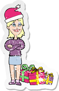 Bir insan tarafından çizilmiş Noel 'e hazır bir karikatür kadının gerilmiş çıkartması.