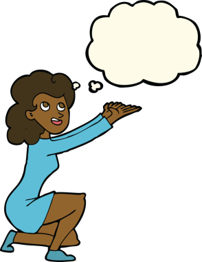 Bir insan tarafından çizilmiş düşünce kabarcığıyla sunum yapan karikatür kadını.