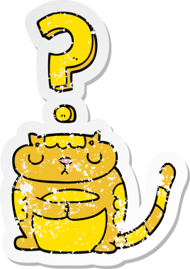 Bir insan tarafından çizilmiş soru işaretli karikatür kedisinin sıkıntılı çıkartması.