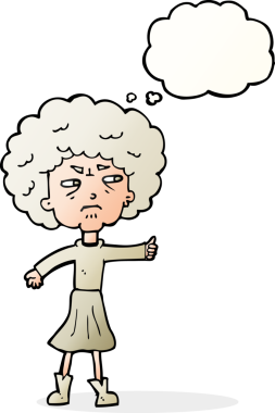 Bir insan tarafından çizilmiş düşünce baloncuğuyla yaşlı bir kadını rahatsız eden çizgi film.