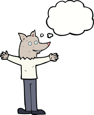 Bir insan tarafından çizilmiş düşünce baloncuğu olan bir kurt adam.