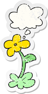 Düşünce baloncuğu olan karikatür çiçeği insan tarafından çizilmiş yıpranmış bir çıkartma gibi.