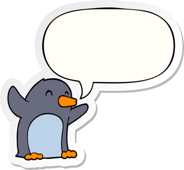 Bir insan tarafından çizilmiş konuşma kabarcığı çıkartmalı çizgi film pengueni heyecanlandırdı