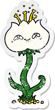 Bir insan tarafından çizilmiş şirin bir karikatür çiçeğinin sıkıntılı çıkartması.