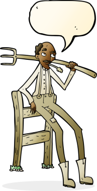 Bir insan tarafından çizilmiş konuşma balonuyla çitlere yaslanan yaşlı çiftçi çizgi filmi.