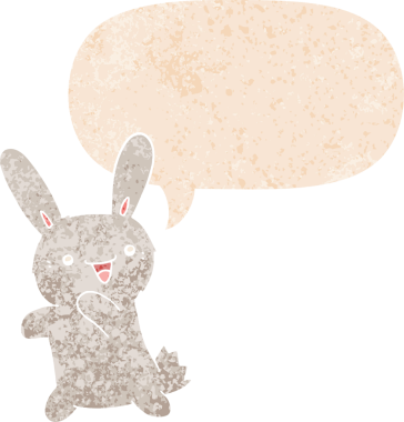 Konuşma baloncuğu olan çizgi film tavşanı bir insan tarafından çizilmiş dertli retro tarzı