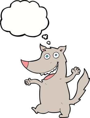 Bir insan tarafından çizilmiş düşünce balonlu mutlu kurt çizgi filmi.