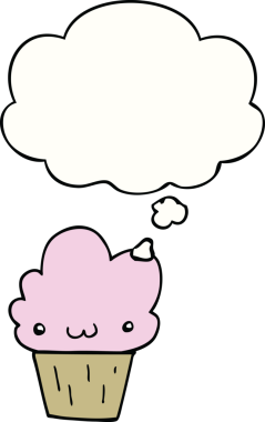 Bir insan tarafından çizilmiş, yüzü düşünce baloncuğu olan bir kek.