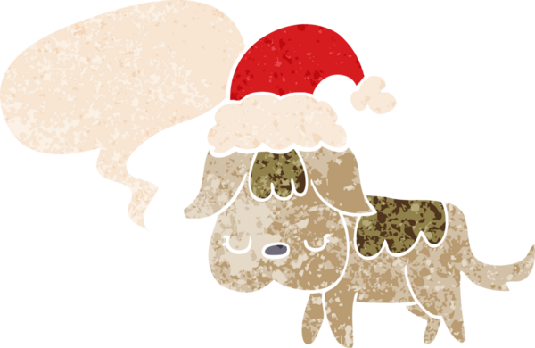 Grunge 'da konuşma baloncuğu olan sevimli noel köpeği bir insan tarafından çizilmiş kederli retro dokuma tarzı