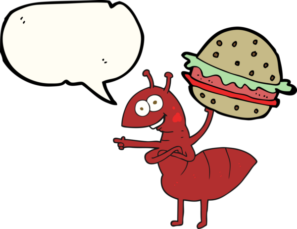 Bir insan tarafından çizilmiş yiyecekleri taşıyan serbest konuşma balonu karınca.