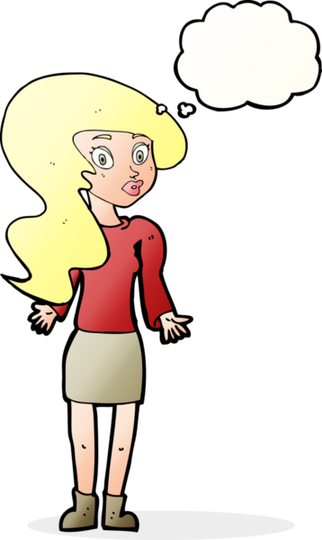 Bir insan tarafından çizilmiş düşünce baloncuğuyla omuz silken çizgi film kadını.